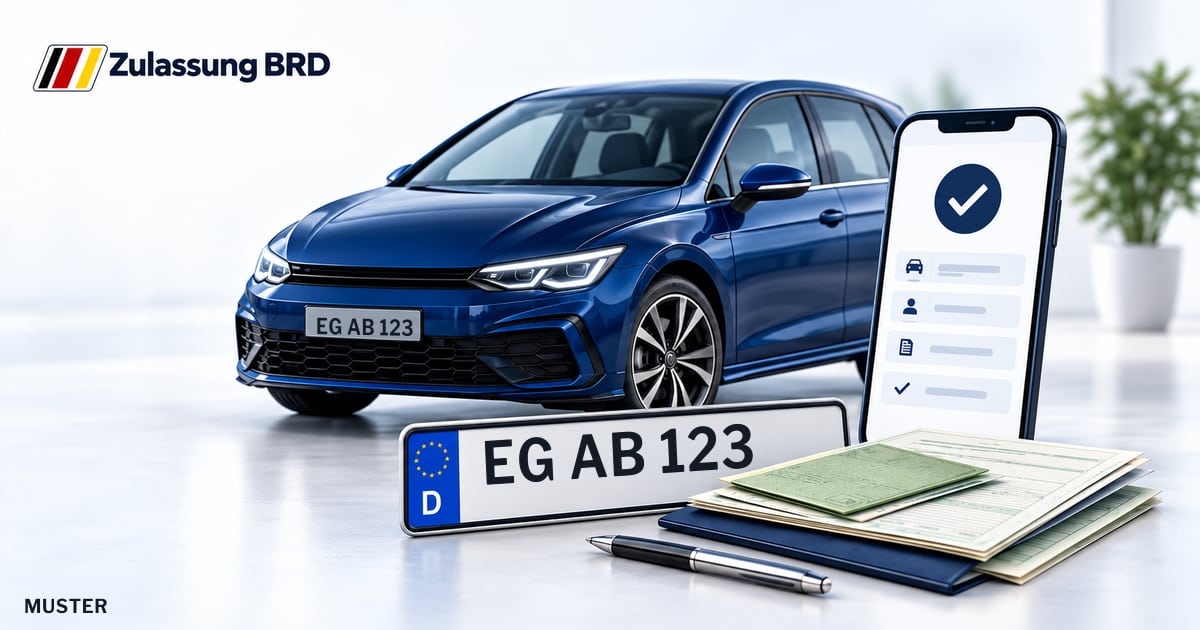 Online Fahrzeugzulassung in Landkreis Rottal-Inn: Musterkennzeichen EG AB 123, Auto und Fahrzeugpapiere und Smartphone. Illustration mit Logo von Zulassung BRD.